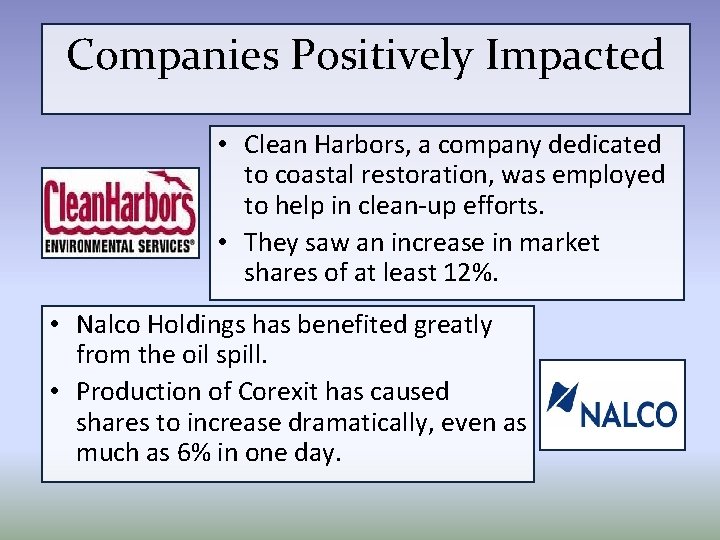 Companies Positively Impacted • Clean Harbors, a company dedicated to coastal restoration, was employed