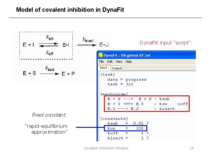 Model of covalent inhibition in Dyna. Fit input “script”: fixed constant: “rapid-equilibrium approximation” Covalent