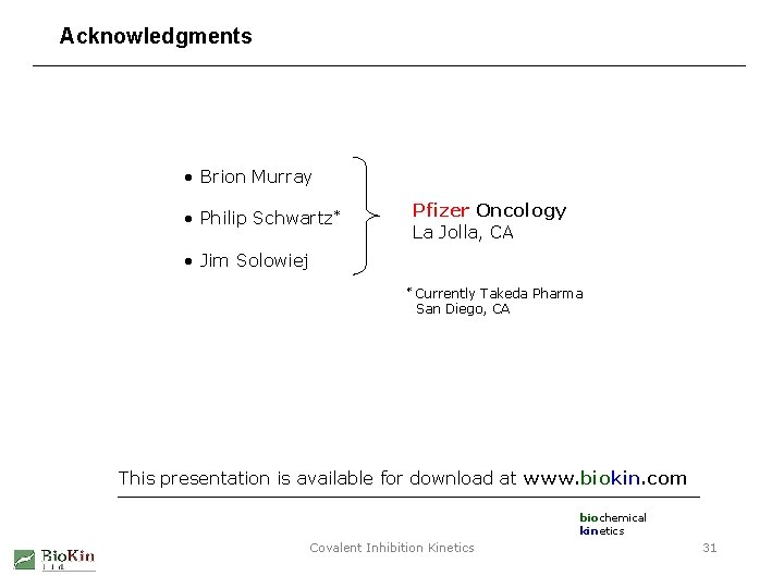 Acknowledgments • Brion Murray Pfizer Oncology La Jolla, CA • Philip Schwartz* • Jim
