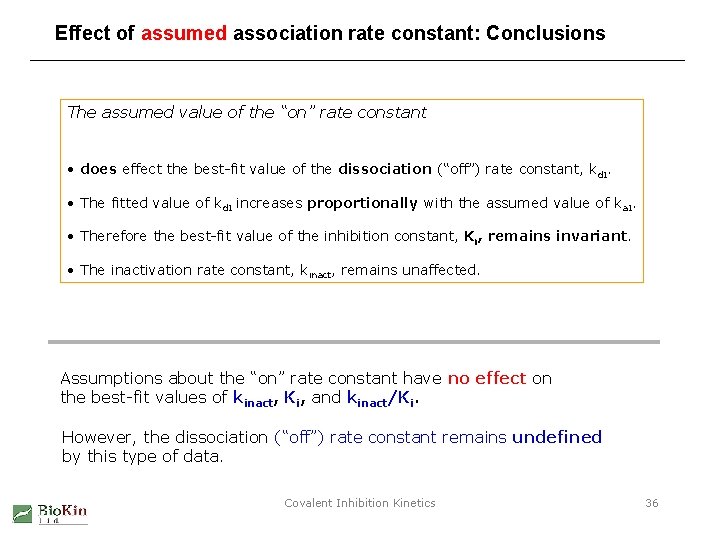 Effect of assumed association rate constant: Conclusions The assumed value of the “on” rate