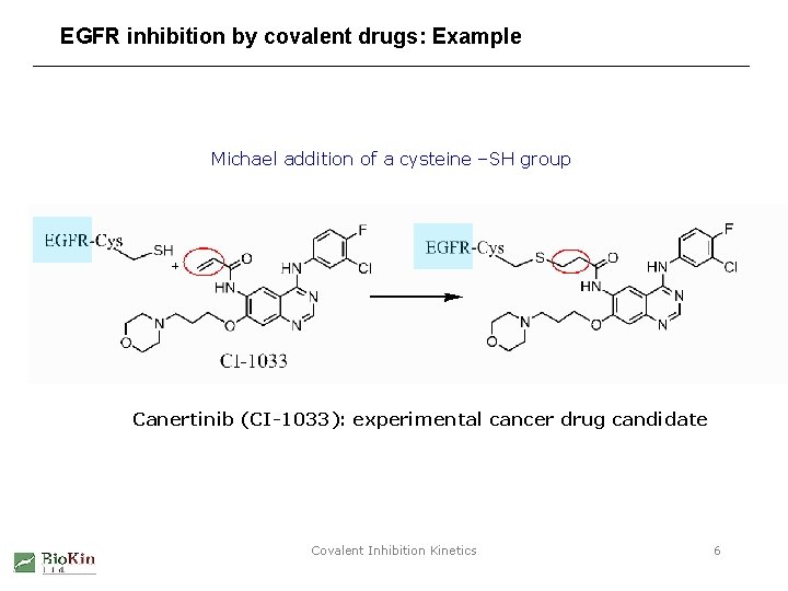 EGFR inhibition by covalent drugs: Example Michael addition of a cysteine –SH group Canertinib