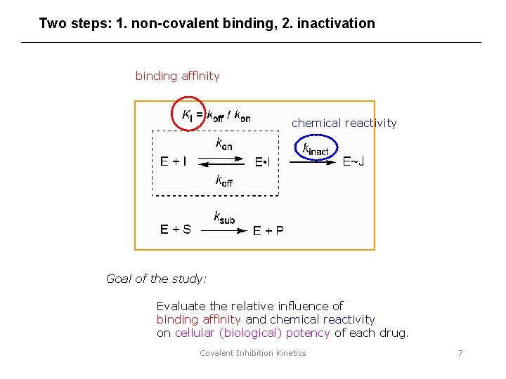 Two steps: 1. non-covalent binding, 2. inactivation binding affinity chemical reactivity Goal of the