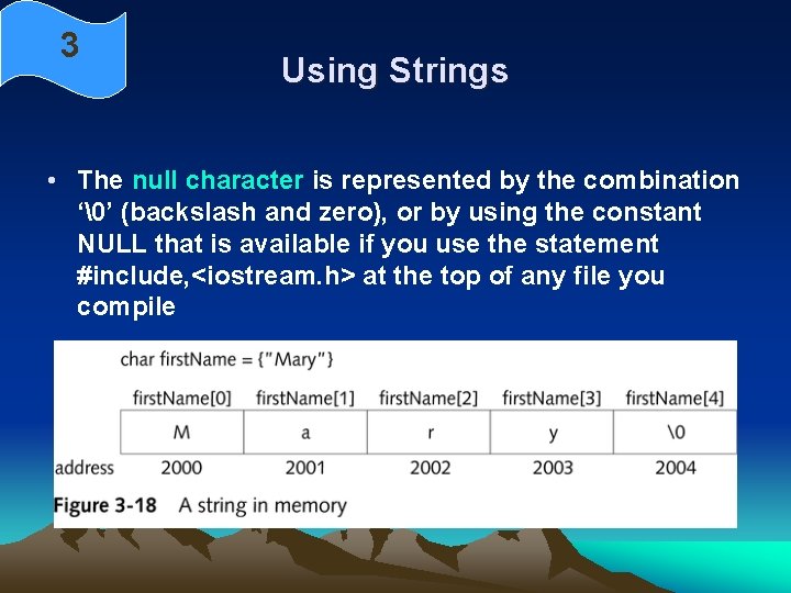 3 Using Strings • The null character is represented by the combination ‘�’ (backslash