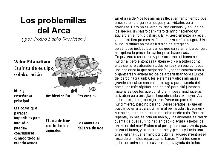 Los problemillas del Arca ( por Pedro Pablo Sacristán ) Valor Educativo: Espíritu de