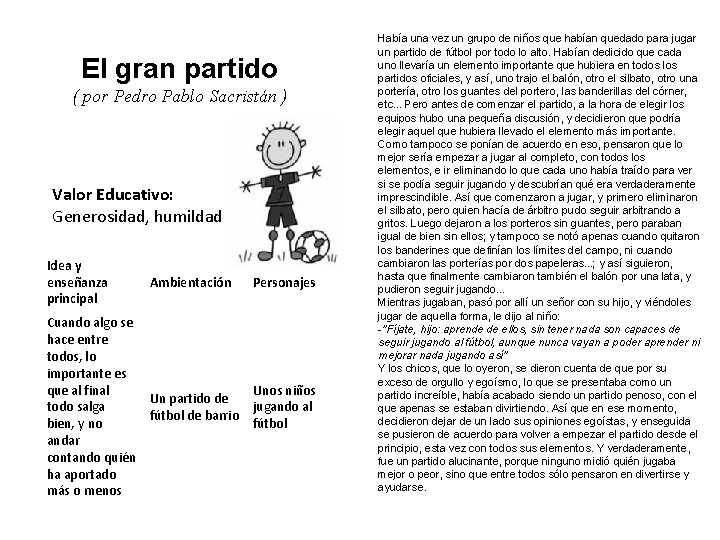El gran partido ( por Pedro Pablo Sacristán ) Valor Educativo: Generosidad, humildad Idea