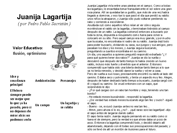 Juanija Lagartija ( por Pedro Pablo Sacristán ) Valor Educativo: Ilusión, optimismo Idea y
