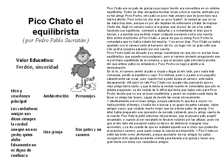 Pico Chato el equilibrista ( por Pedro Pablo Sacristán ) Valor Educativo: Perdón, sinceridad