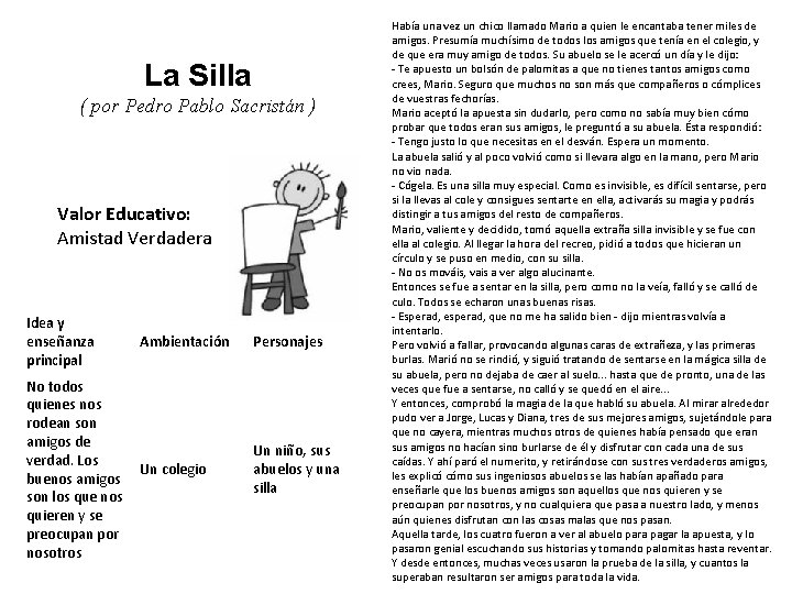La Silla ( por Pedro Pablo Sacristán ) Valor Educativo: Amistad Verdadera Idea y