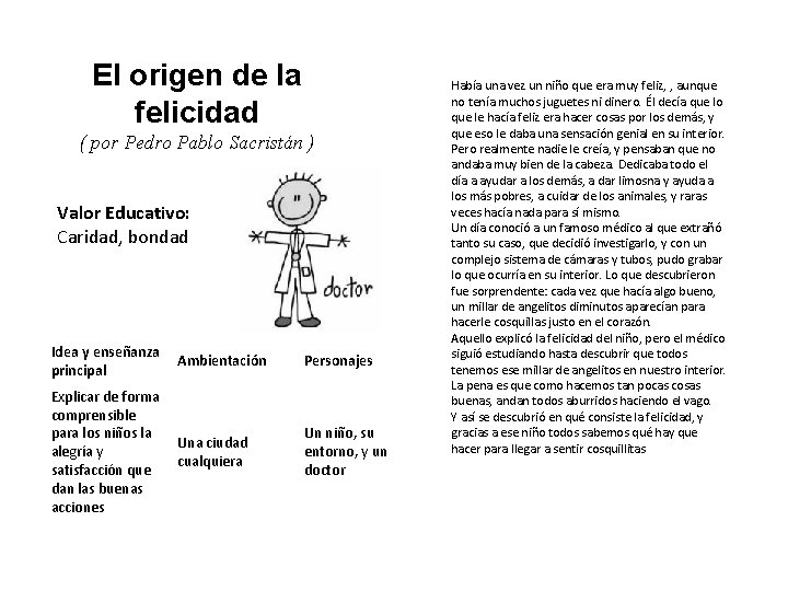 El origen de la felicidad ( por Pedro Pablo Sacristán ) Valor Educativo: Caridad,