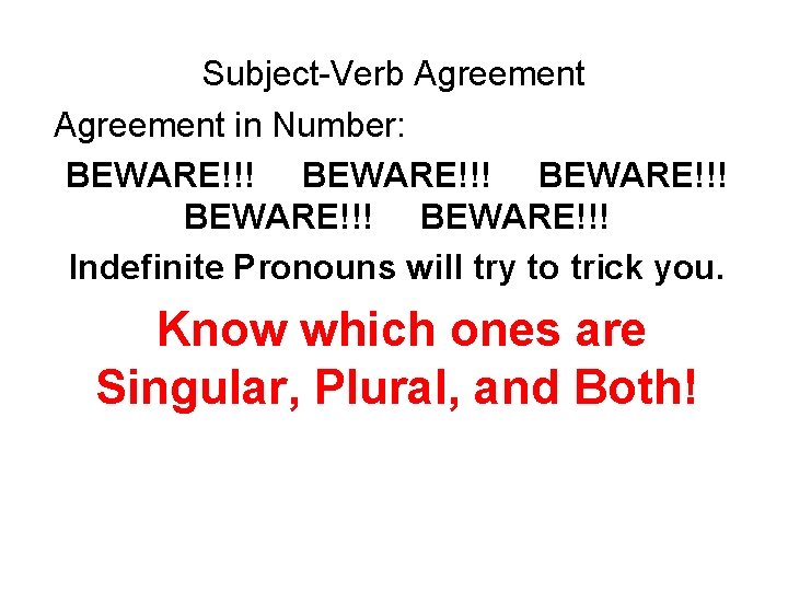 Subject-Verb Agreement in Number: BEWARE!!! BEWARE!!! Indefinite Pronouns will try to trick you. Know