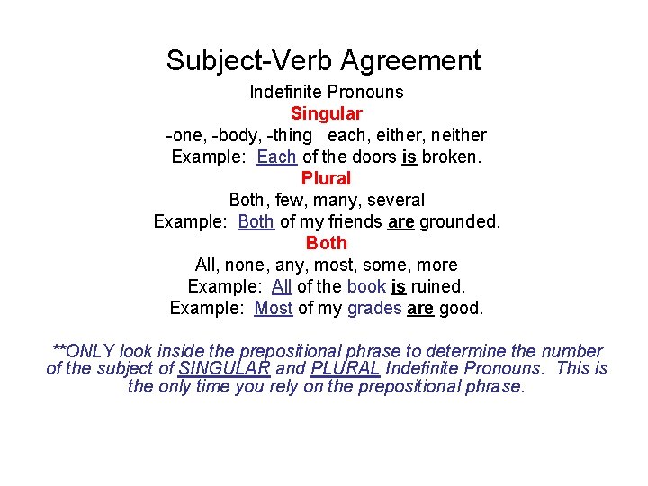 Subject-Verb Agreement Indefinite Pronouns Singular -one, -body, -thing each, either, neither Example: Each of