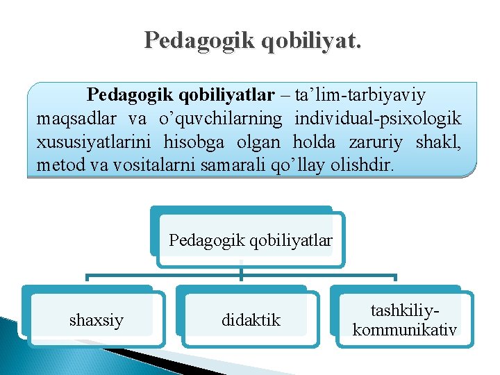 Pеdаgоgik qobiliyat. Pеdаgоgik qоbiliyatlаr – tа’lim tаrbiyaviy mаqsаdlаr vа o’quvchilаrning individuаl psiхоlоgik хususiyatlаrini hisоbgа