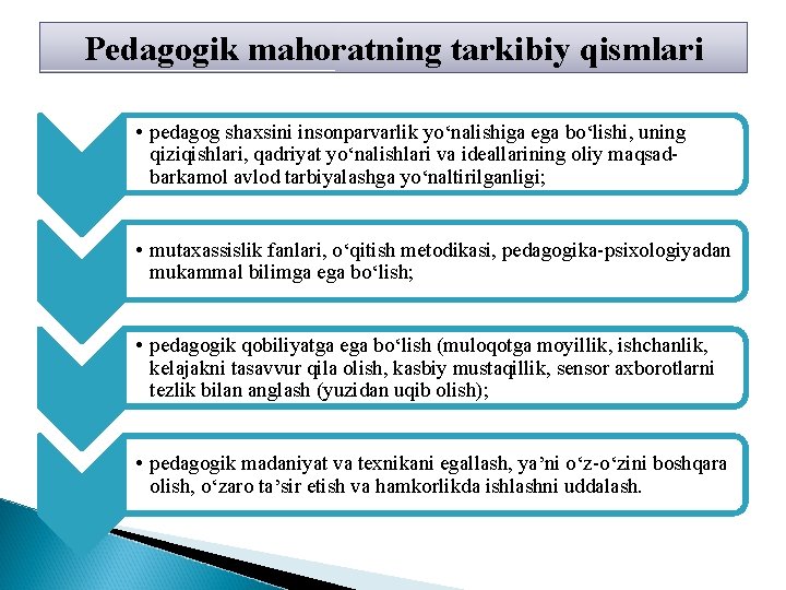 Pedagogik mahoratning tarkibiy qismlari • pedagog shaxsini insonparvarlik yo‘nalishiga ega bo‘lishi, uning qiziqishlari, qadriyat Pedagogik mahoratning tarkibiy qismlari • pedagog shaxsini insonparvarlik yo‘nalishiga ega bo‘lishi, uning qiziqishlari, qadriyat