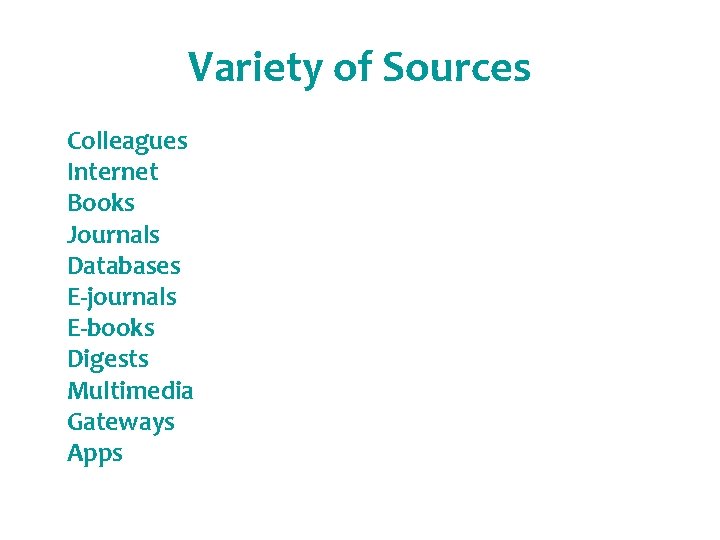 Variety of Sources Colleagues Internet Books Journals Databases E-journals E-books Digests Multimedia Gateways Apps