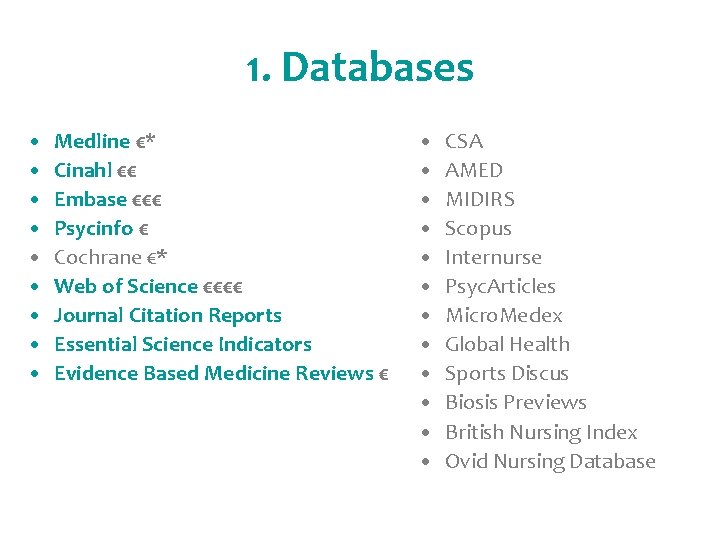 1. Databases • • • Medline €* Cinahl €€ Embase €€€ Psycinfo € Cochrane