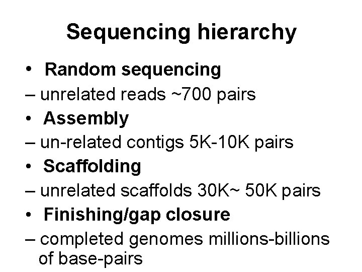 Sequencing hierarchy • Random sequencing – unrelated reads ~700 pairs • Assembly – un-related