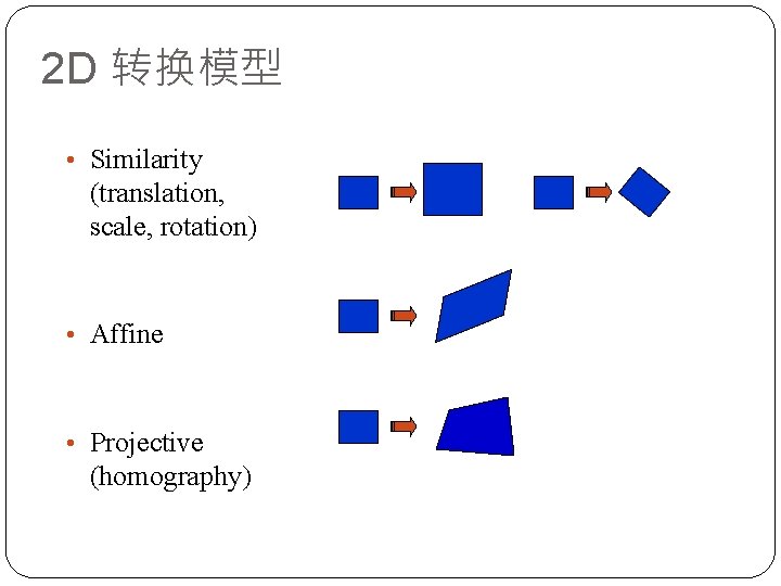 2 D 转换模型 • Similarity (translation, scale, rotation) • Affine • Projective (homography) 