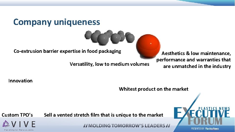 Company uniqueness Co-extrusion barrier expertise in food packaging Versatility, low to medium volumes Aesthetics