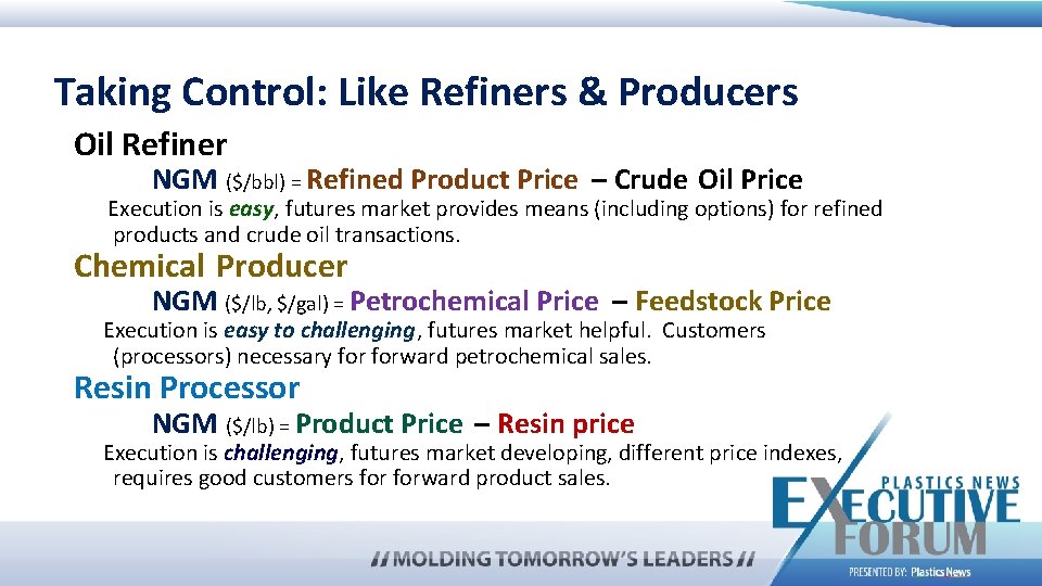 Taking Control: Like Refiners & Producers Oil Refiner NGM ($/bbl) = Refined Product Price