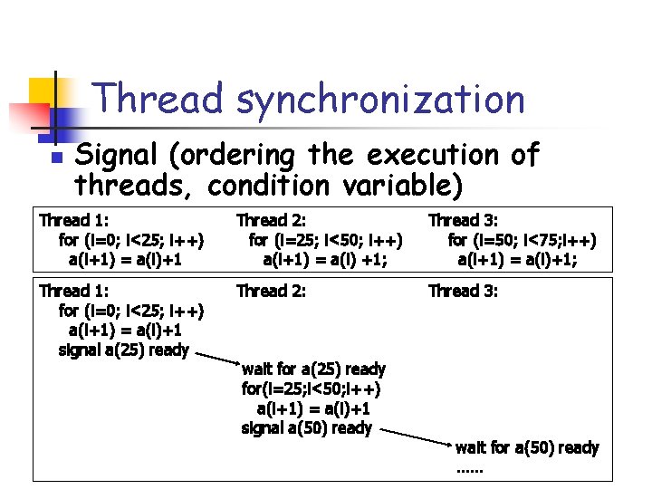 Thread synchronization n Signal (ordering the execution of threads, condition variable) Thread 1: for