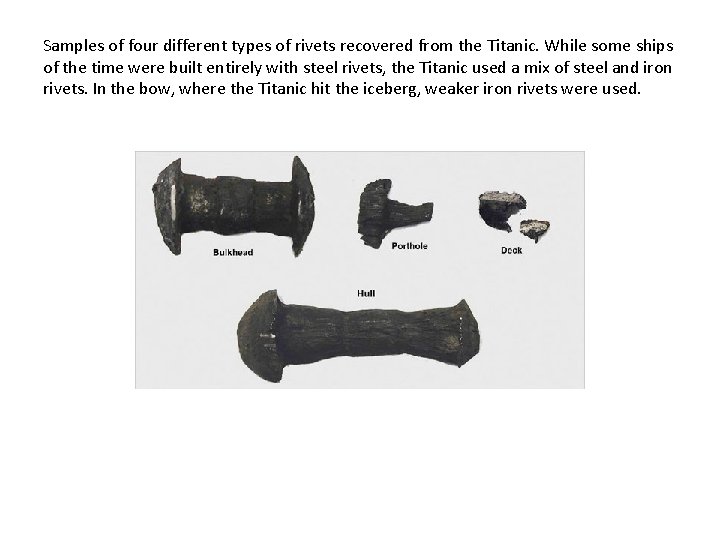 Samples of four different types of rivets recovered from the Titanic. While some ships