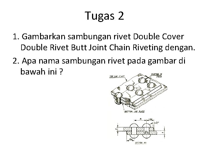 Tugas 2 1. Gambarkan sambungan rivet Double Cover Double Rivet Butt Joint Chain Riveting