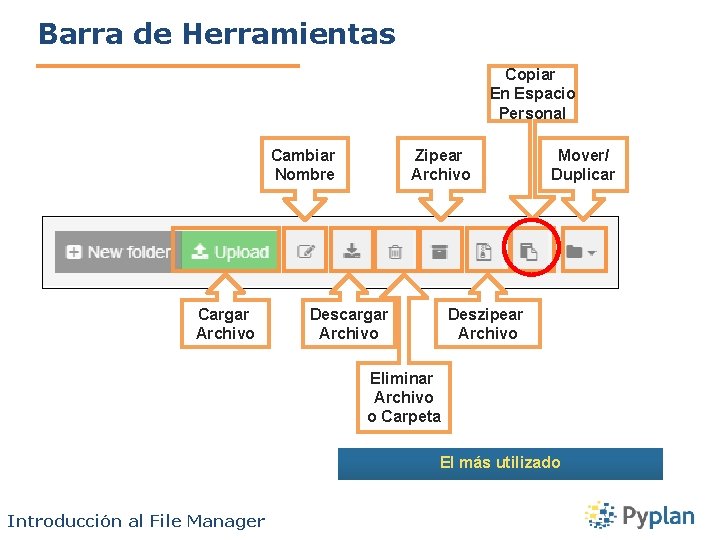Barra de Herramientas Copiar En Espacio Personal Cambiar Nombre Cargar Archivo Zipear Archivo Mover/
