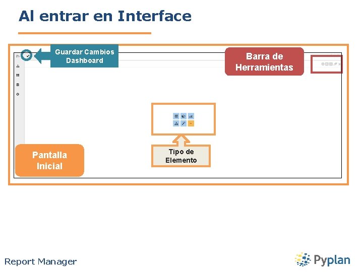 Al entrar en Interface Guardar Cambios Dashboard Pantalla Inicial Report Manager Barra de Herramientas