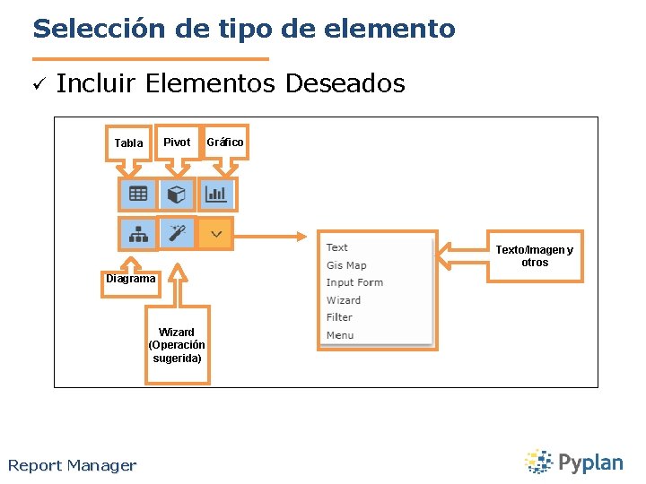 Selección de tipo de elemento ü Incluir Elementos Deseados Pivot Tabla Gráfico Texto/Imagen y