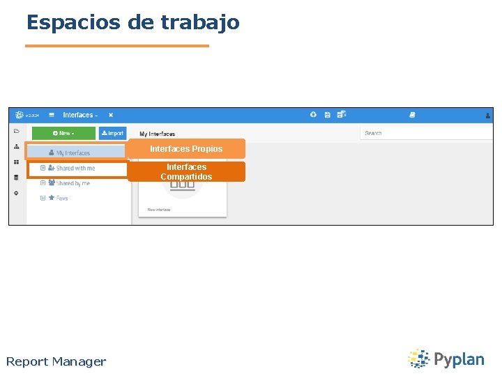 Espacios de trabajo Interfaces Propios Interfaces Compartidos Report Manager 