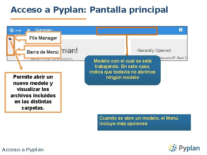 Acceso a Pyplan: Pantalla principal File Manager Barra de Menú Permite abrir un nuevo