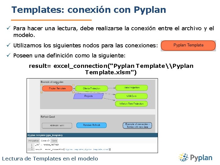 Templates: conexión con Pyplan ü Para hacer una lectura, debe realizarse la conexión entre