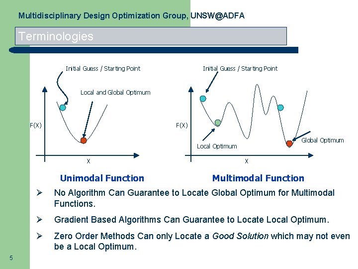 Multidisciplinary Design Optimization Group, UNSW@ADFA Terminologies Initial Guess / Starting Point Local and Global