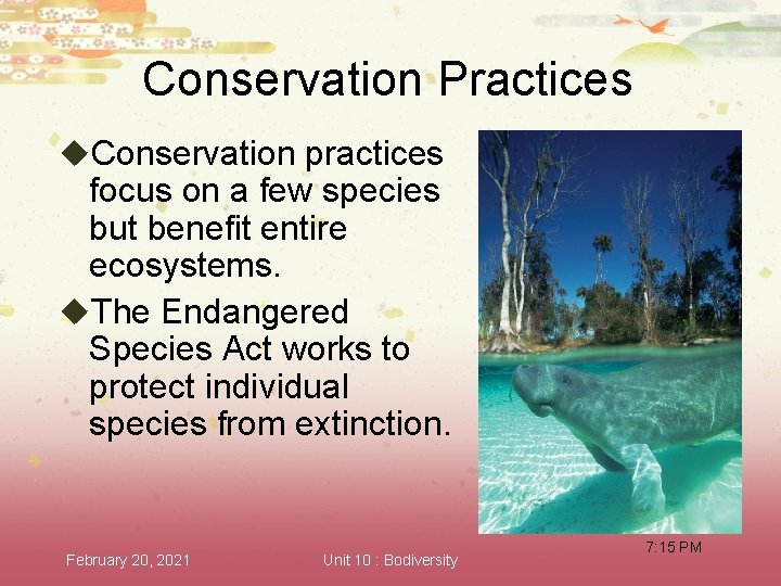 Conservation Practices u. Conservation practices focus on a few species but benefit entire ecosystems.