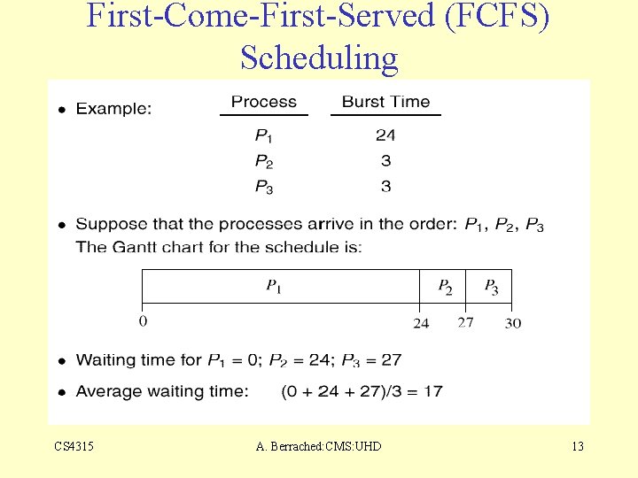First-Come-First-Served (FCFS) Scheduling CS 4315 A. Berrached: CMS: UHD 13 