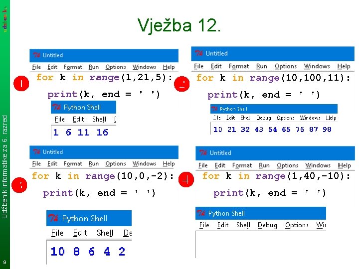 Udžbenik informatike za 6. razred Vježba 12. 9 for k in range(1, 21, 5):