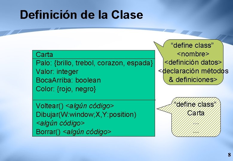 Definición de la Clase “define class” <nombre> Carta <definición datos> Palo: {brillo, trebol, corazon,