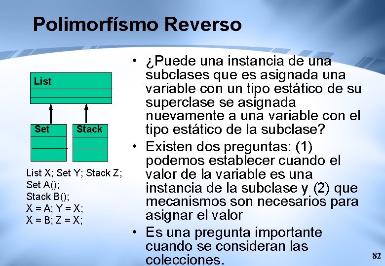 Polimorfísmo Reverso List Set Stack List X; Set Y; Stack Z; Set A(); Stack