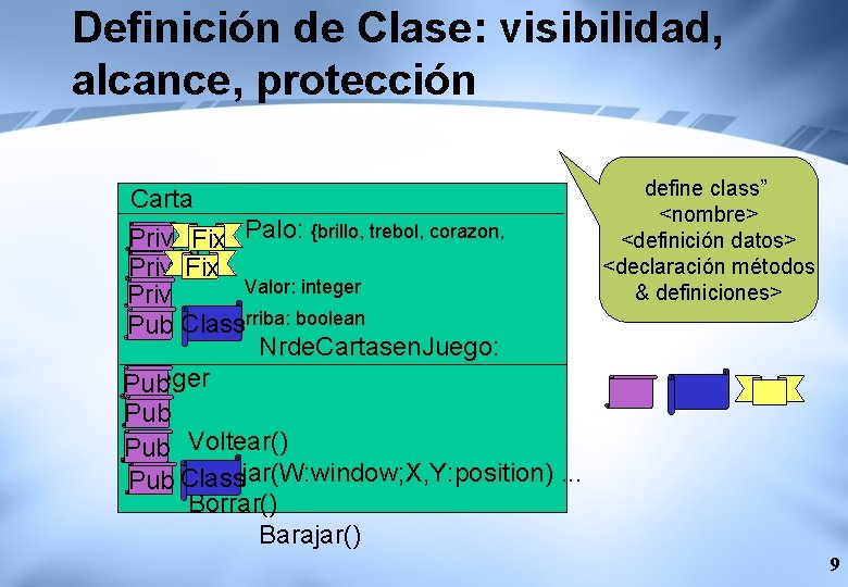 Definición de Clase: visibilidad, alcance, protección Carta Priv Fix Palo: {brillo, trebol, corazon, espada}