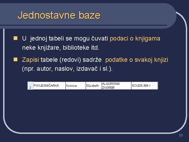 Jednostavne baze n U jednoj tabeli se mogu čuvati podaci o knjigama neke knjižare,