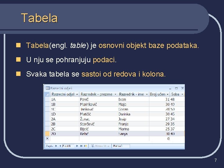 Tabela n Tabela(engl. table) je osnovni objekt baze podataka. n U nju se pohranjuju