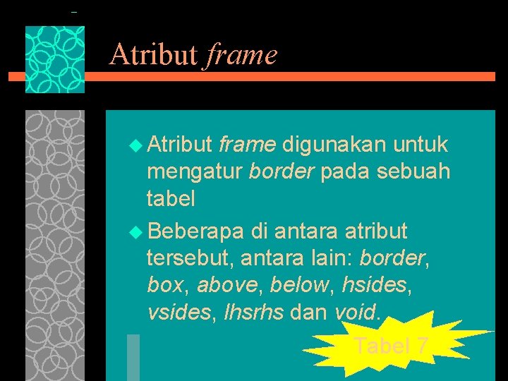 Atribut frame u Atribut frame digunakan untuk mengatur border pada sebuah tabel u Beberapa