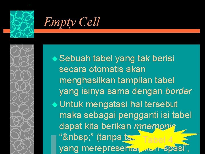 Empty Cell u Sebuah tabel yang tak berisi secara otomatis akan menghasilkan tampilan tabel