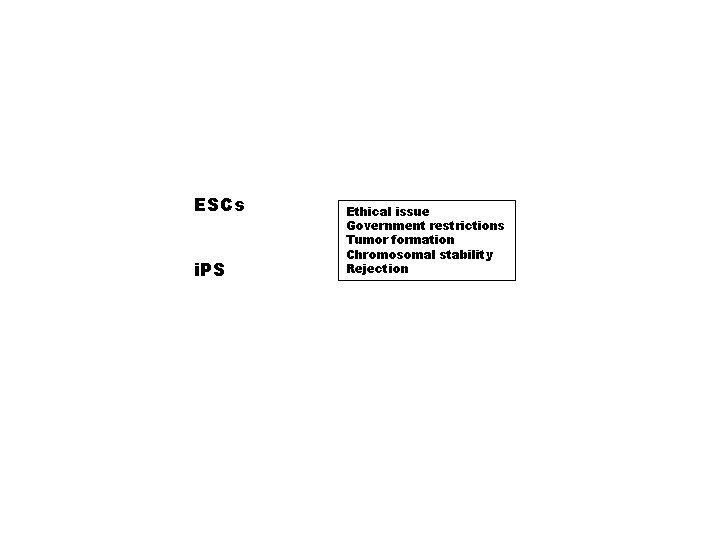 ESCs i. PS Ethical issue Government restrictions Tumor formation Chromosomal stability Rejection 