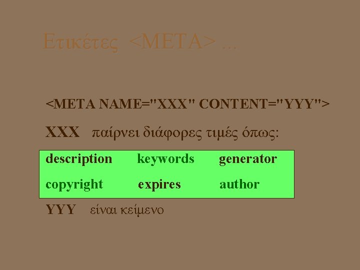 Ετικέτες <META>. . . <META NAME="XXX" CONTENT="YYY"> XXX παίρνει διάφορες τιμές όπως: description keywords