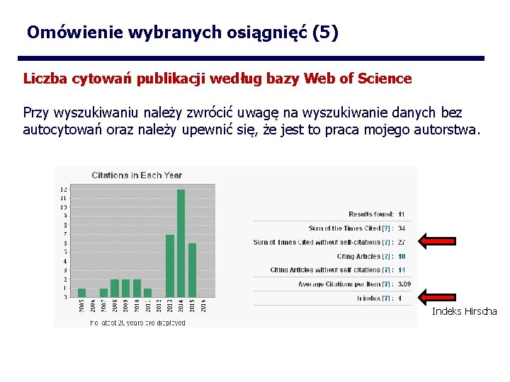 Omówienie wybranych osiągnięć (5) Liczba cytowań publikacji według bazy Web of Science Przy wyszukiwaniu