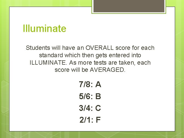 Illuminate Students will have an OVERALL score for each standard which then gets entered