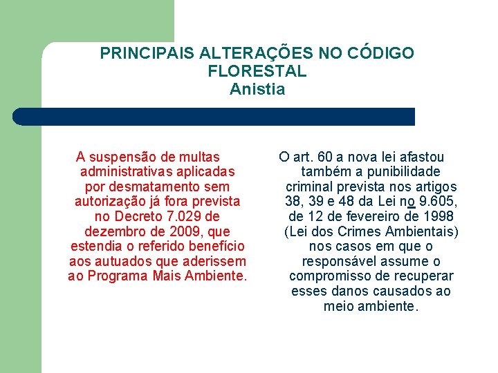 PRINCIPAIS ALTERAÇÕES NO CÓDIGO FLORESTAL Anistia A suspensão de multas administrativas aplicadas por desmatamento