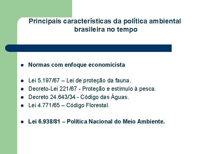 Principais características da política ambiental brasileira no tempo l Normas com enfoque economicista l