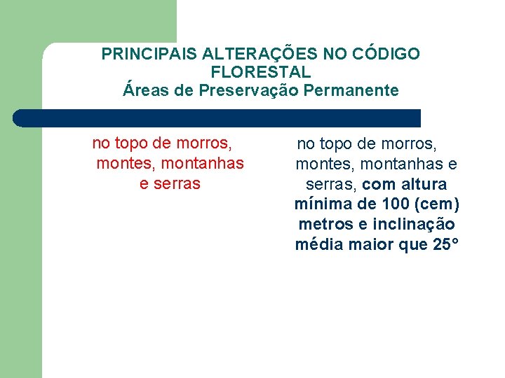 PRINCIPAIS ALTERAÇÕES NO CÓDIGO FLORESTAL Áreas de Preservação Permanente no topo de morros, montes,